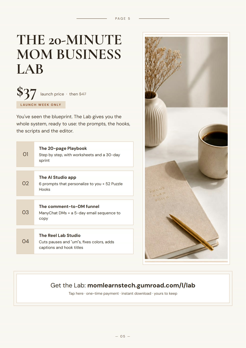Page 5 - The 20-Minute Mom Business Lab, $37 launch price